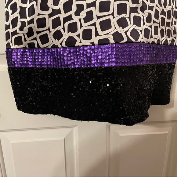 Kathryn Conover Cocktail Dress SZ 2 Black White Purple Sequin Satin Fit & Flare - Picture 3 of 7